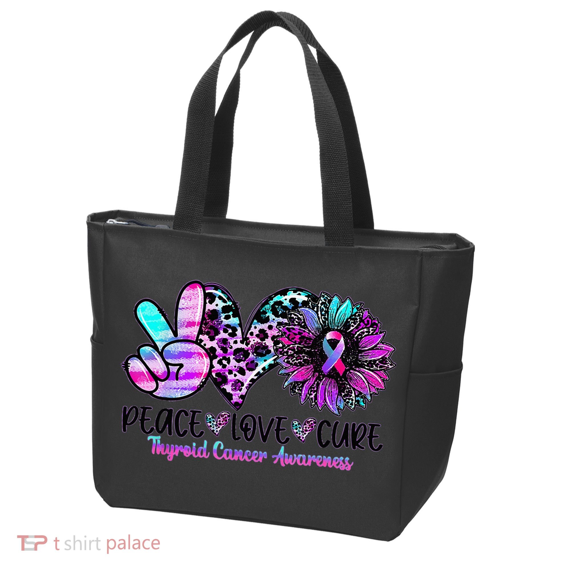 Cute Sunflower Purple Pink Ribbon Thyroid Cancer Awareness Tote Bag