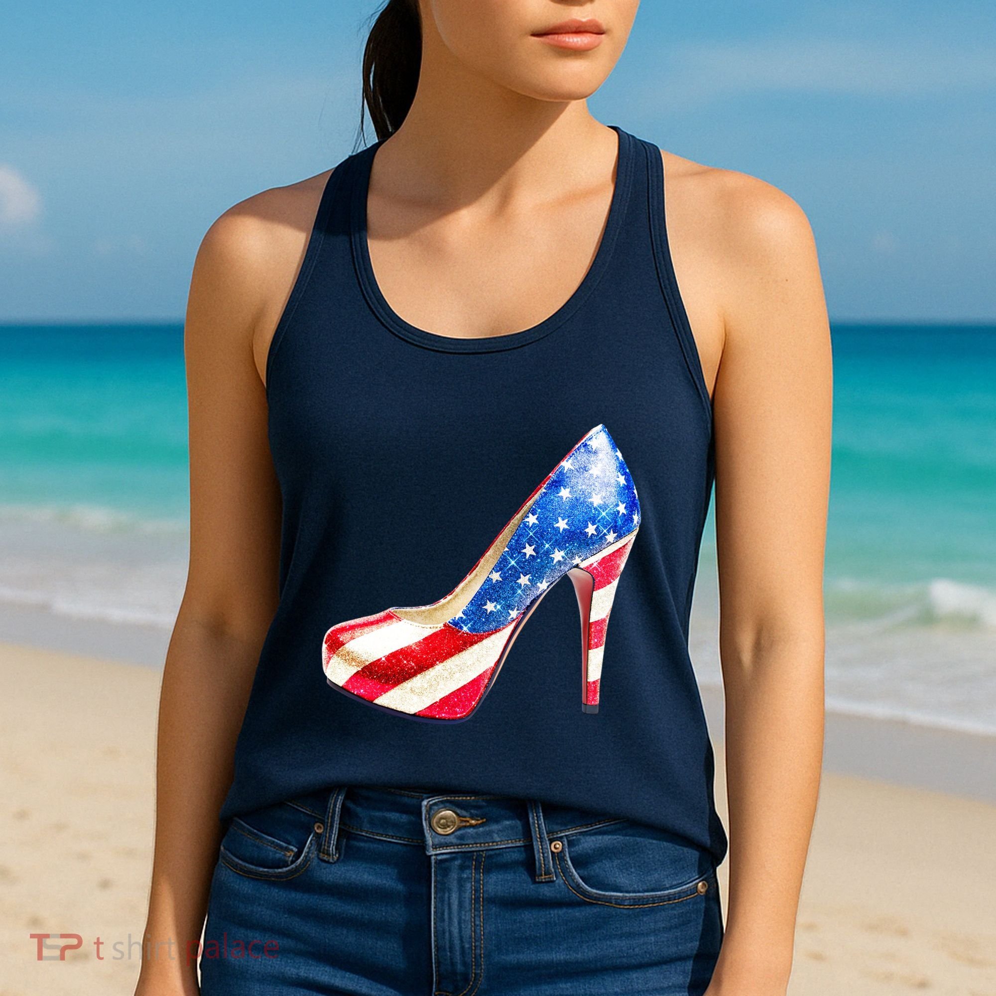 Cute Sparkly Patriotic American Usa Flag Heels Shoes Women's Tank Top