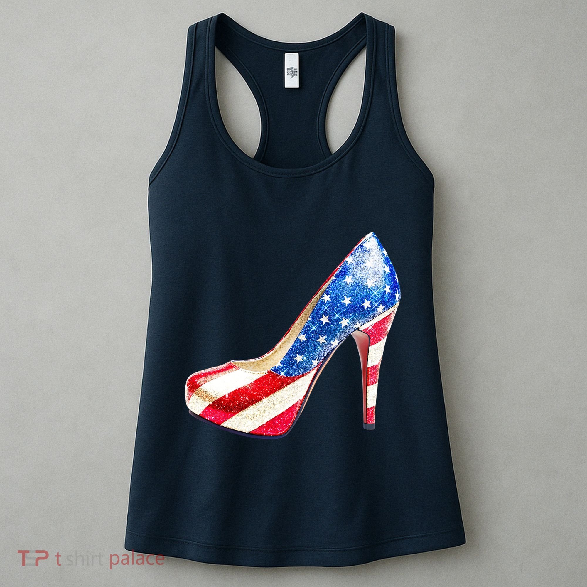 Cute Sparkly Patriotic American Usa Flag Heels Shoes Women's Tank Top