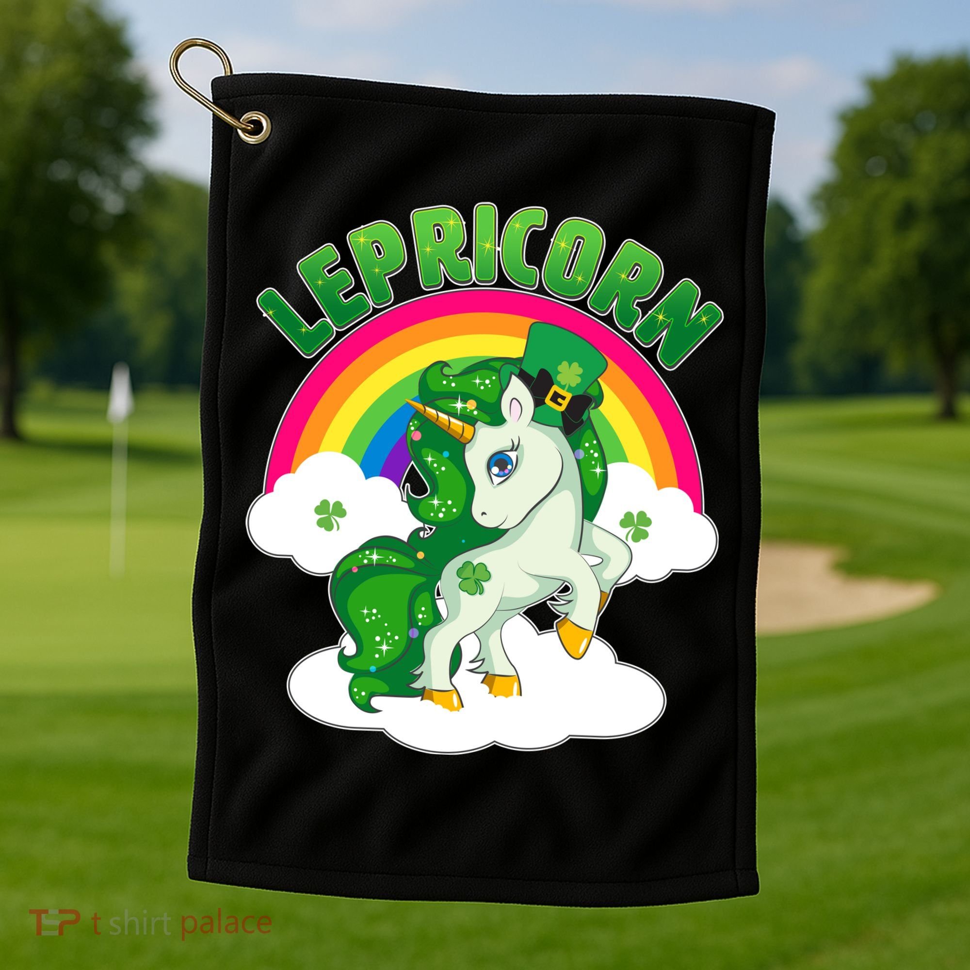 Cute St Patricks Day Rainbow Lepricorn Unicorn Leprechaun Golf Towel