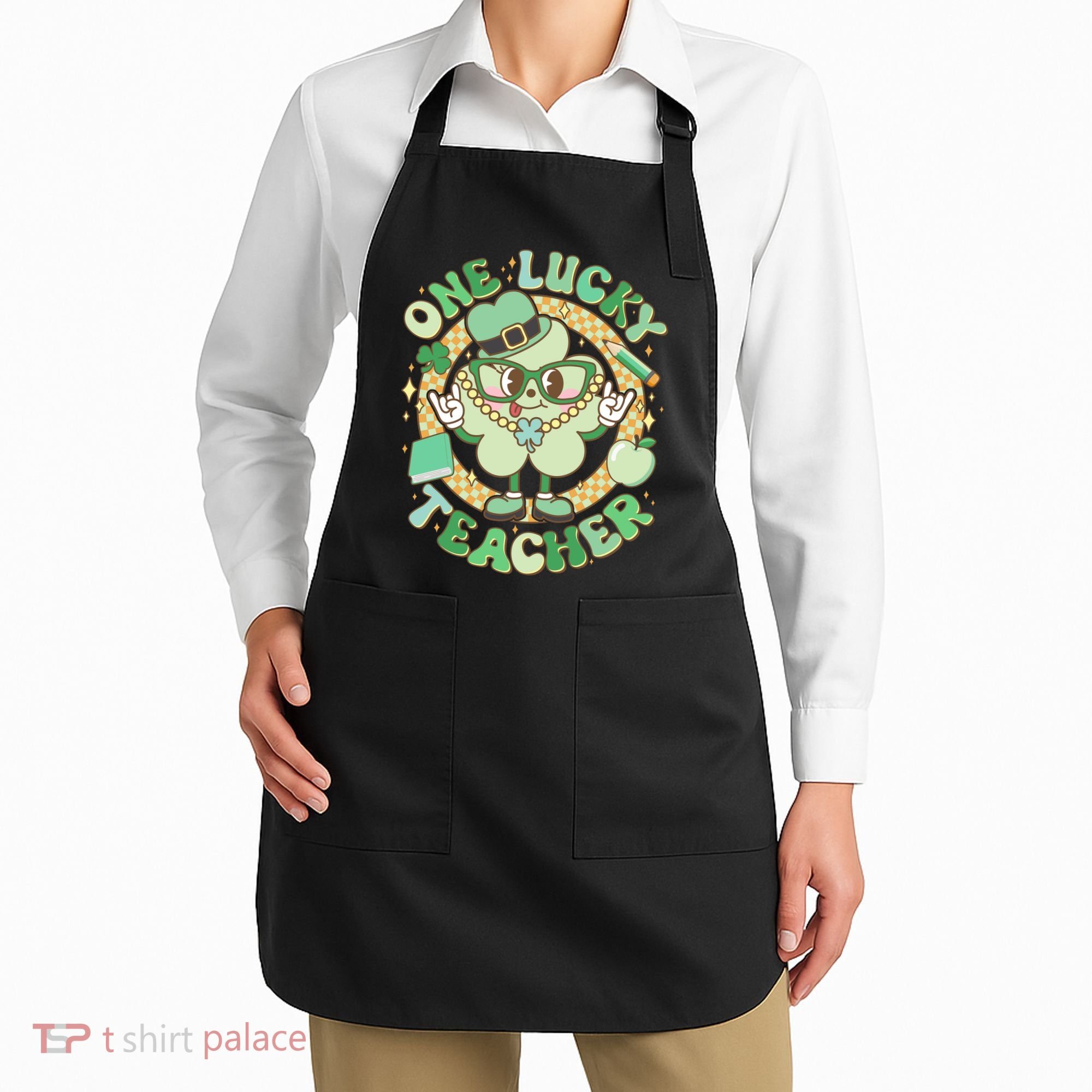 Cute St Patricks Day One Lucky Teacher Retro Cartoon Shamrock Clover Apron