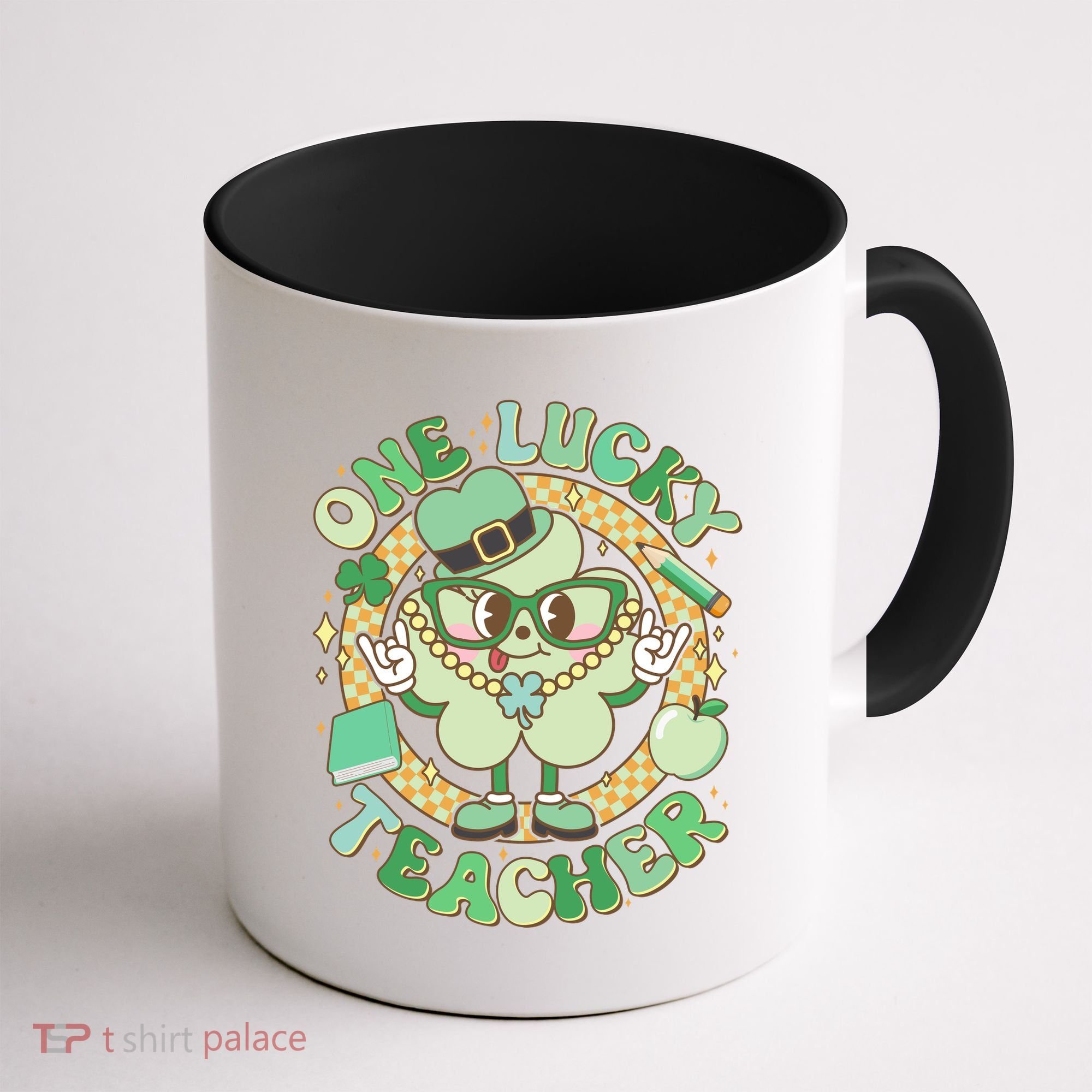 Cute St Patricks Day One Lucky Teacher Retro Cartoon Shamrock Clover Coffee Mug
