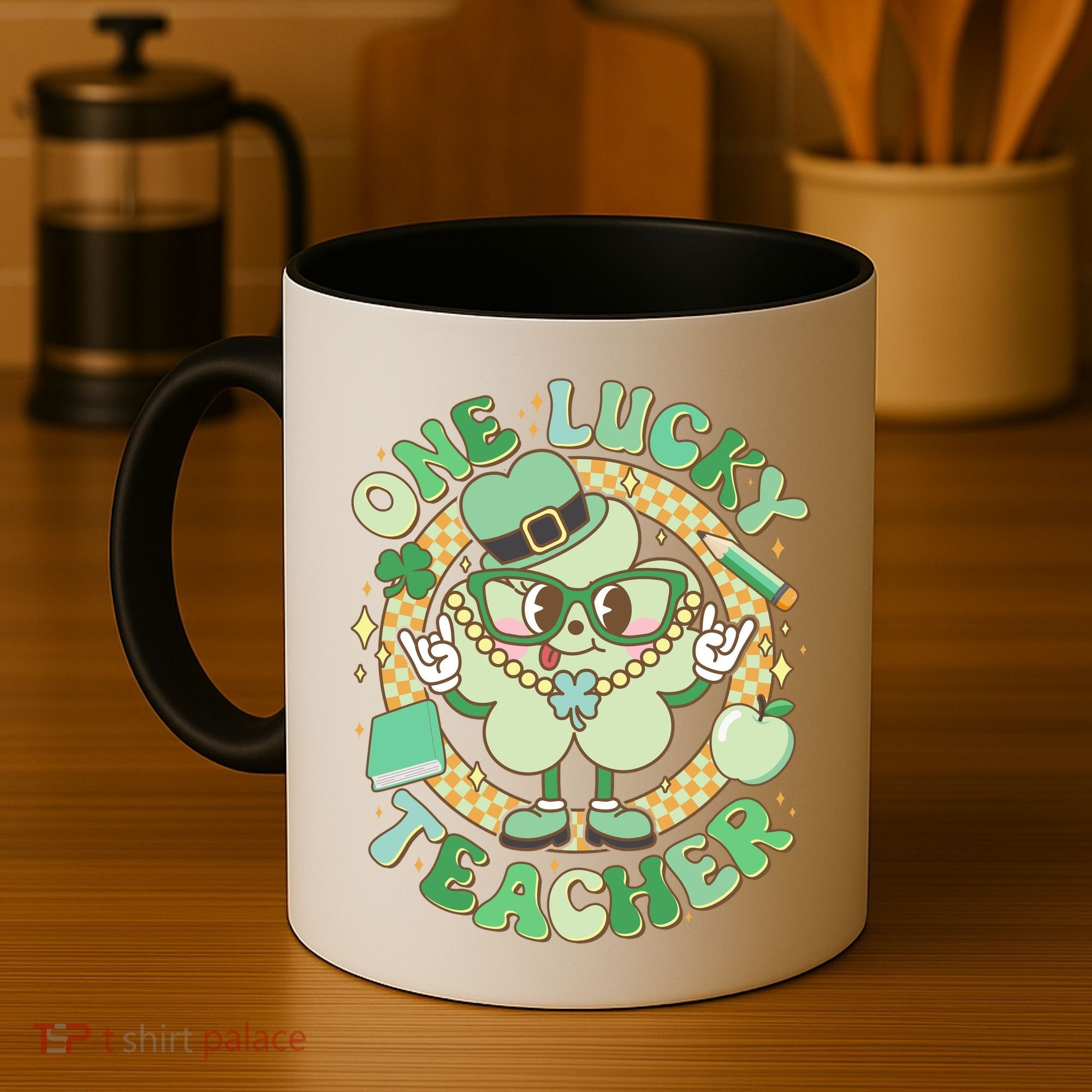 Cute St Patricks Day One Lucky Teacher Retro Cartoon Shamrock Clover Coffee Mug