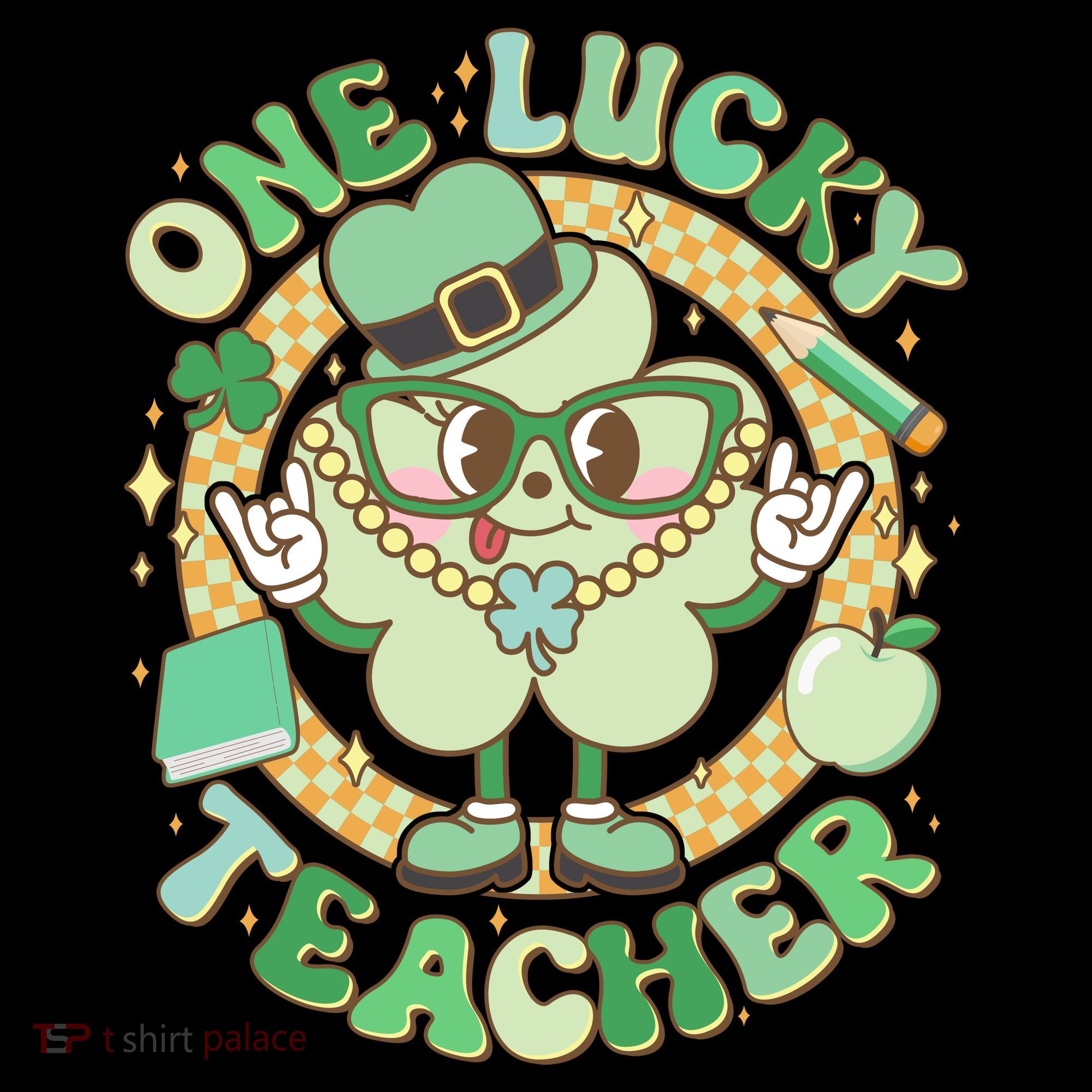 Cute St Patricks Day One Lucky Teacher Retro Cartoon Shamrock Clover Coffee Mug
