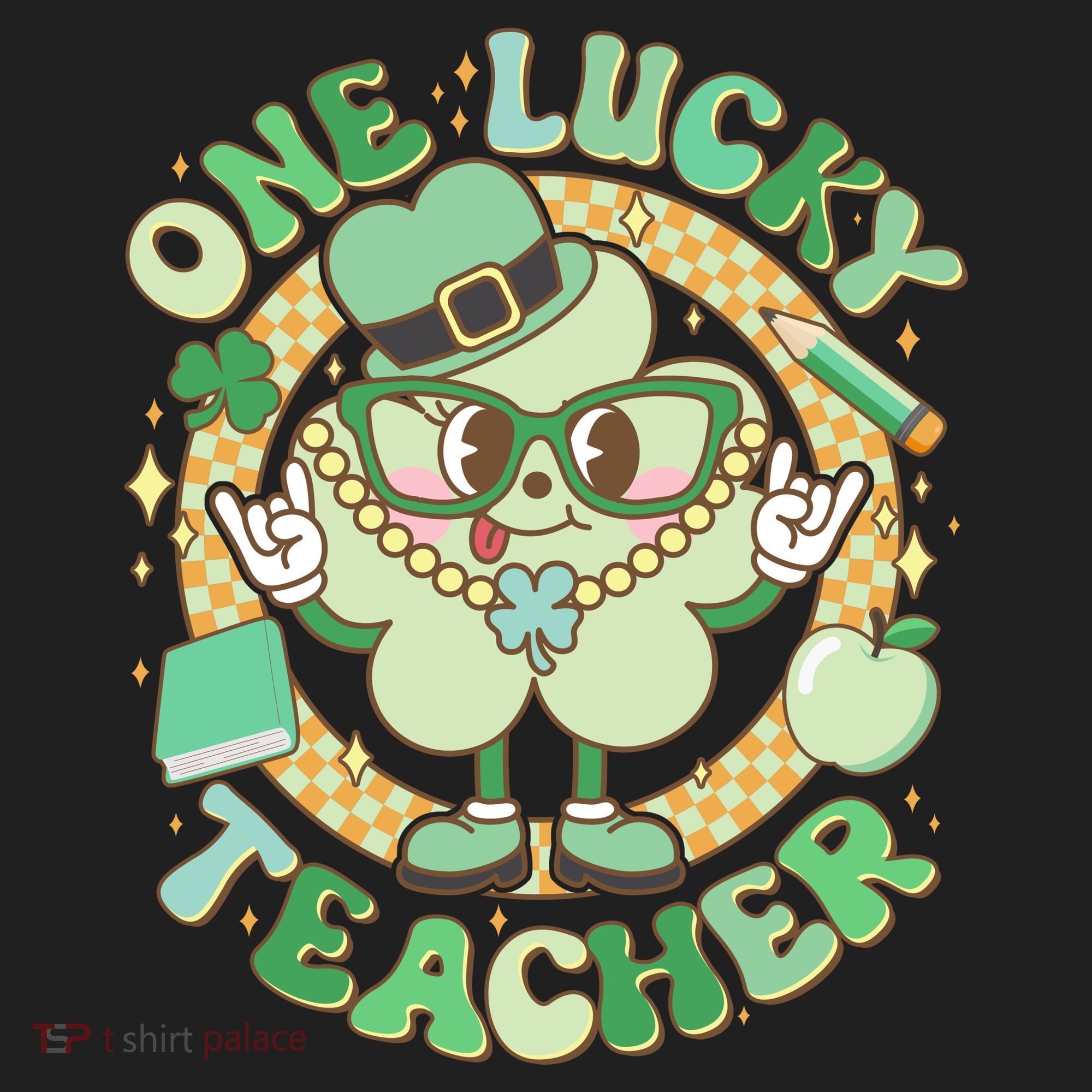 Cute St Patricks Day One Lucky Teacher Retro Cartoon Shamrock Clover Beanie