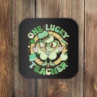 Cute St Patricks Day One Lucky Teacher Retro Cartoon Shamrock Clover Coaster thumb 0