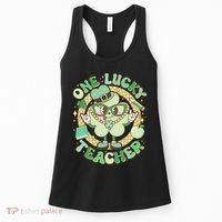Cute St Patricks Day One Lucky Teacher Retro Cartoon Shamrock Clover Women's Tank Top thumb 0