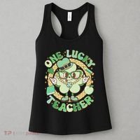 Cute St Patricks Day One Lucky Teacher Retro Cartoon Shamrock Clover Women's Tank Top thumb 3