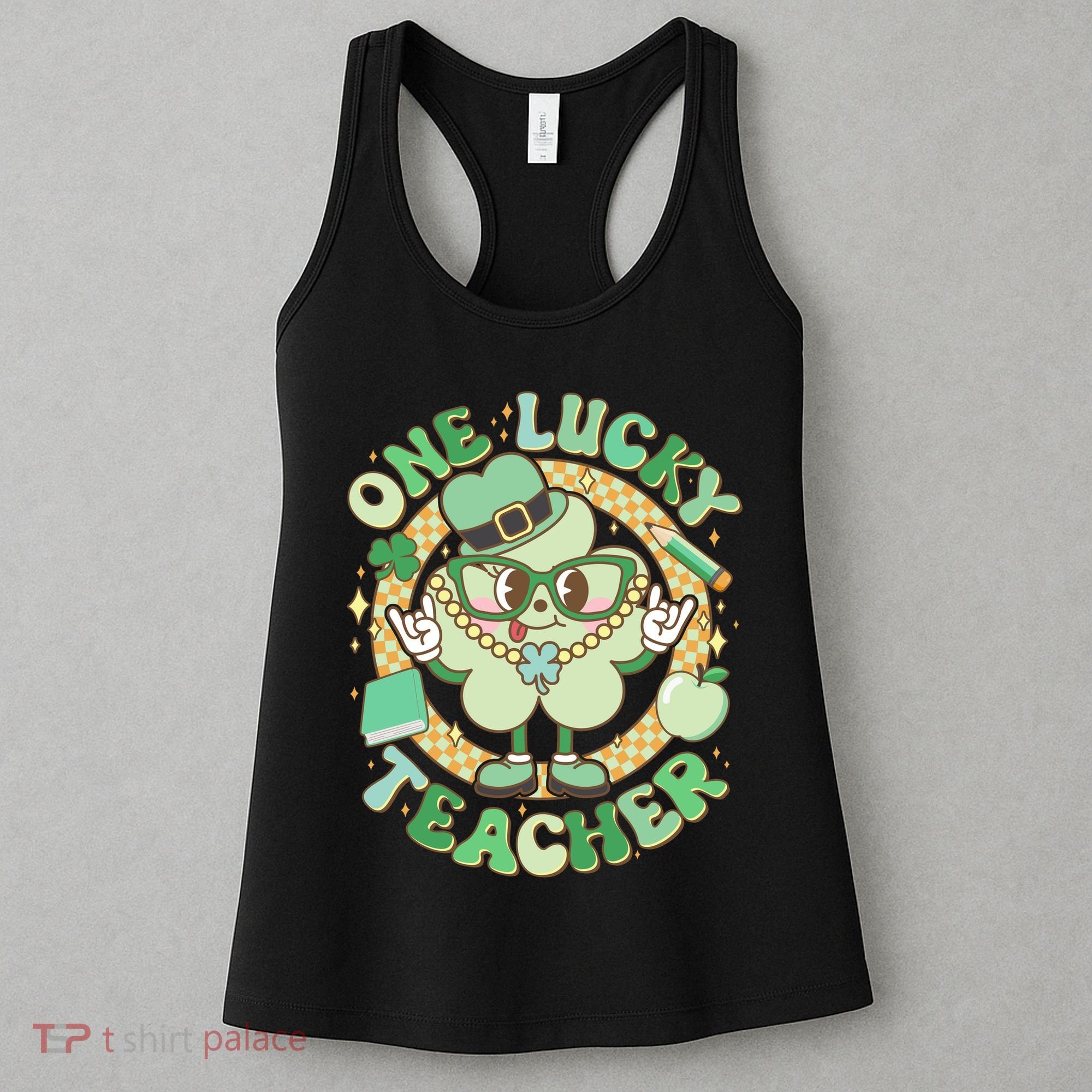 Cute St Patricks Day One Lucky Teacher Retro Cartoon Shamrock Clover Women's Tank Top