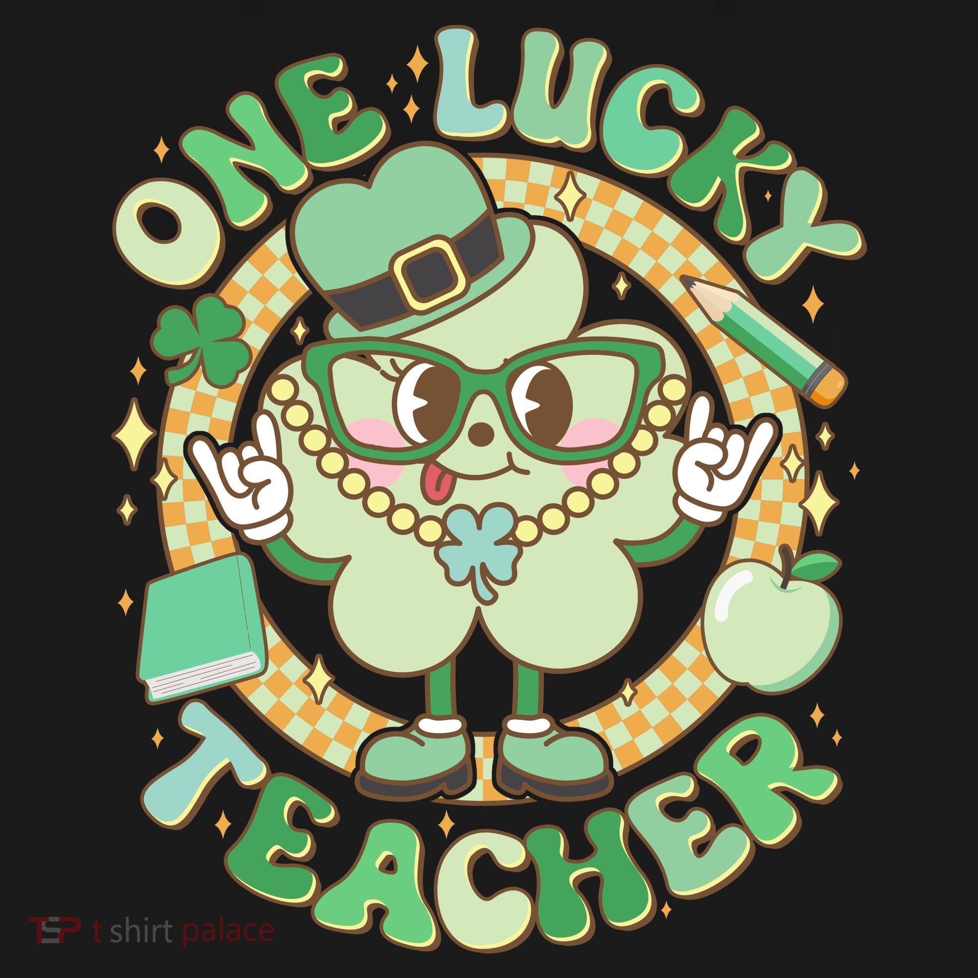 Cute St Patricks Day One Lucky Teacher Retro Cartoon Shamrock Clover Women's Tank Top
