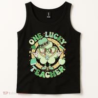 Cute St Patricks Day One Lucky Teacher Retro Cartoon Shamrock Clover Tank Top thumb 2