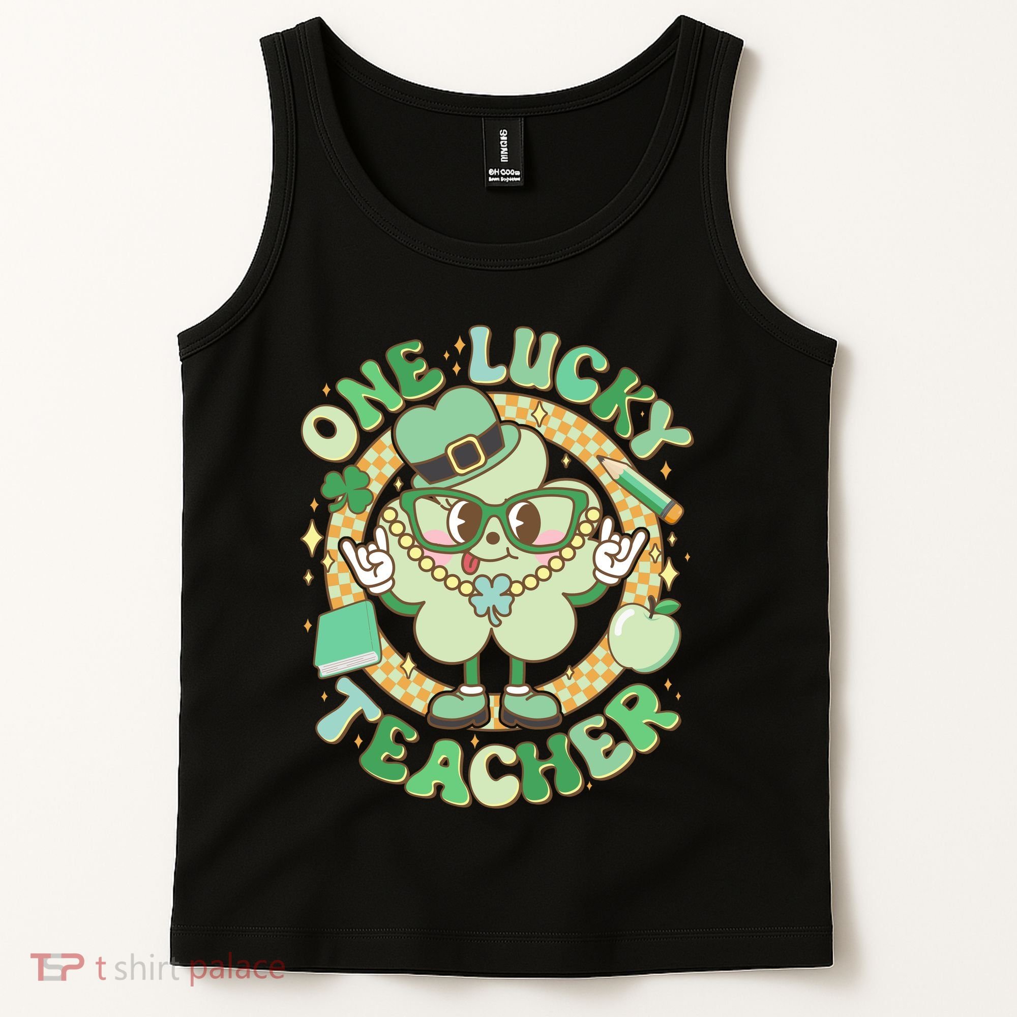 Cute St Patricks Day One Lucky Teacher Retro Cartoon Shamrock Clover Tank Top