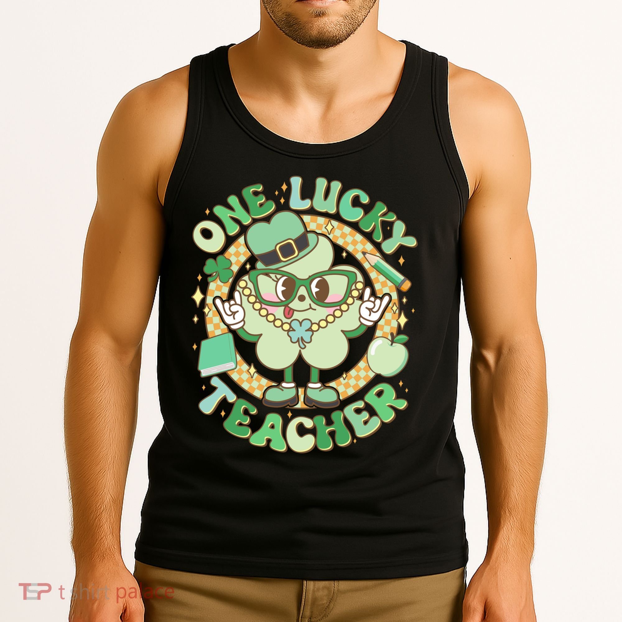 Cute St Patricks Day One Lucky Teacher Retro Cartoon Shamrock Clover Tank Top
