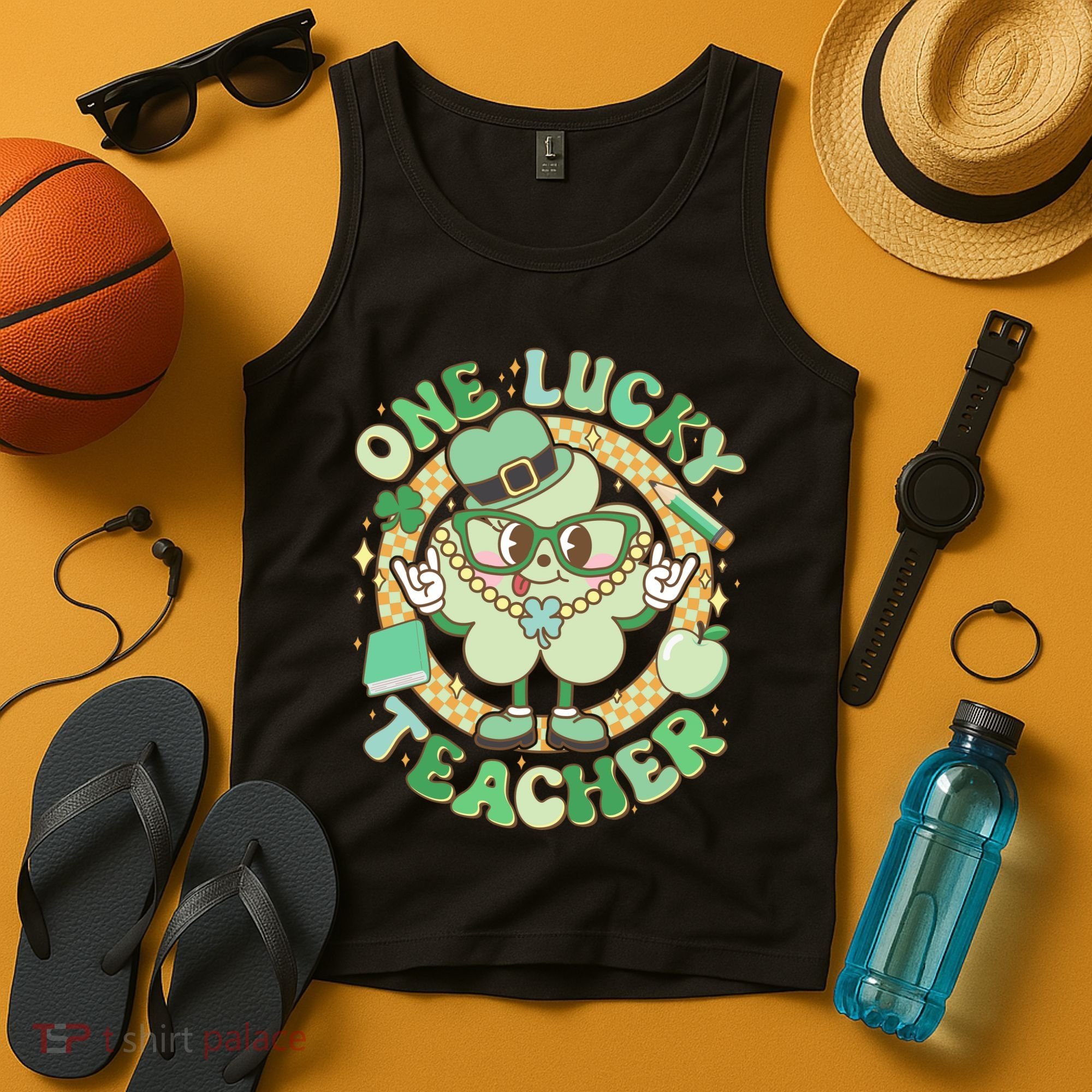 Cute St Patricks Day One Lucky Teacher Retro Cartoon Shamrock Clover Tank Top