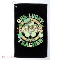 Cute St Patricks Day One Lucky Teacher Retro Cartoon Shamrock Clover Golf Towel thumb 0