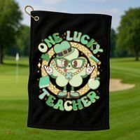 Cute St Patricks Day One Lucky Teacher Retro Cartoon Shamrock Clover Golf Towel thumb 1