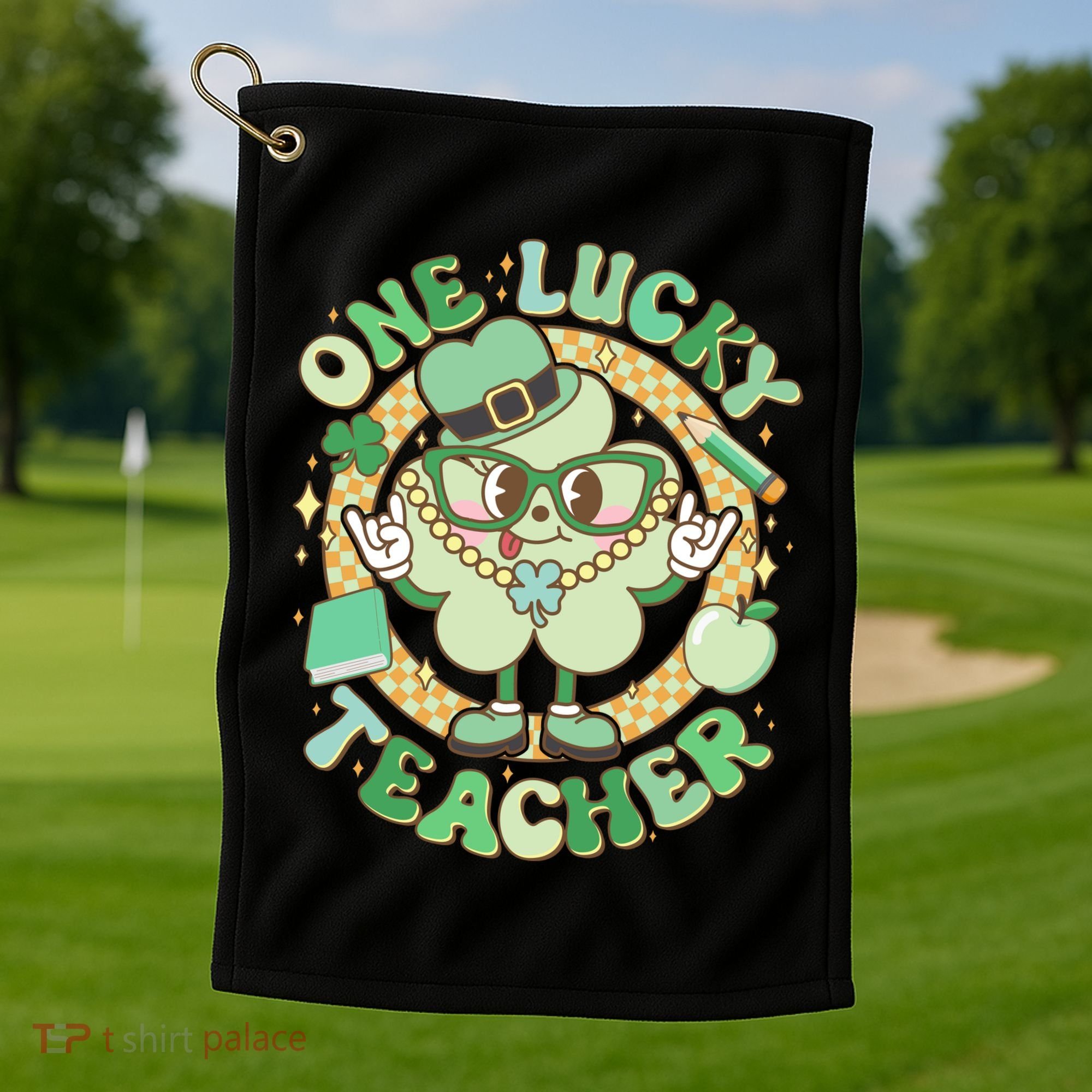 Cute St Patricks Day One Lucky Teacher Retro Cartoon Shamrock Clover Golf Towel