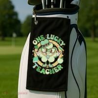 Cute St Patricks Day One Lucky Teacher Retro Cartoon Shamrock Clover Golf Towel thumb 2