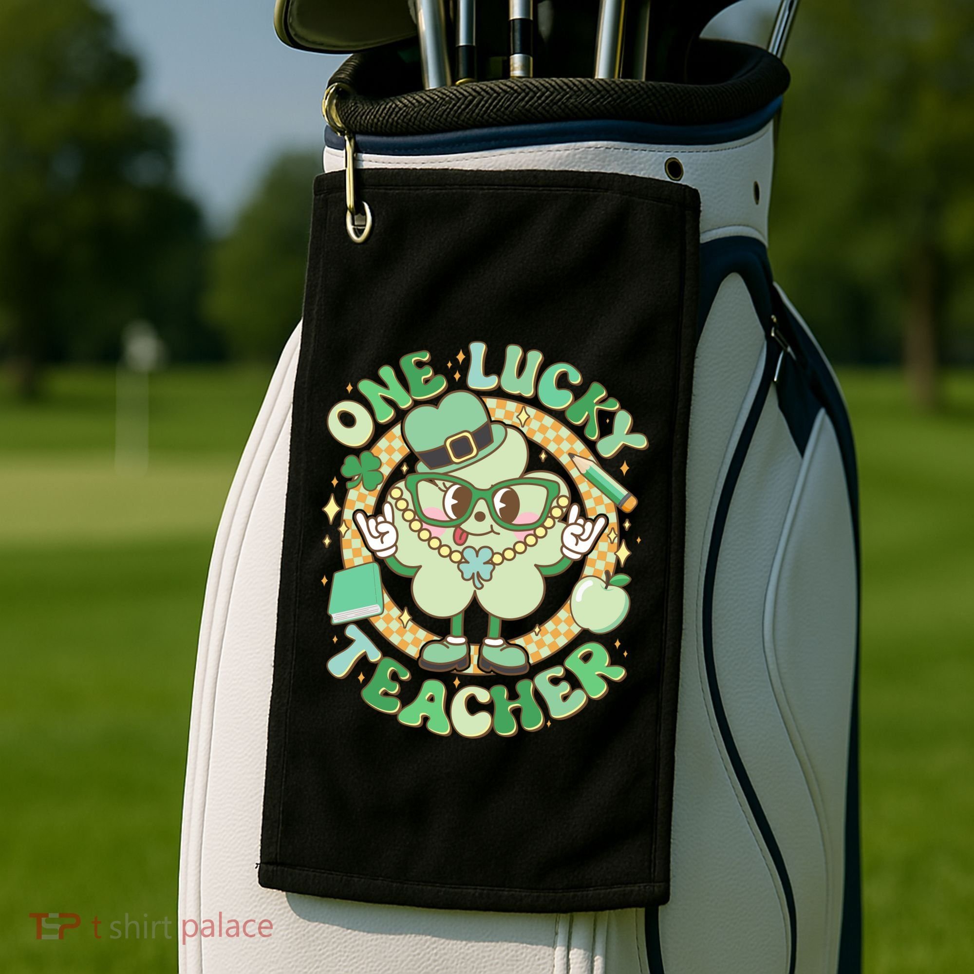 Cute St Patricks Day One Lucky Teacher Retro Cartoon Shamrock Clover Golf Towel