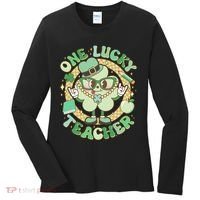 Cute St Patricks Day One Lucky Teacher Retro Cartoon Shamrock Clover Women's Long Sleeve Shirt thumb 0