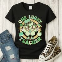 Cute St Patricks Day One Lucky Teacher Retro Cartoon Shamrock Clover Women's T-Shirt thumb 3