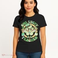 Cute St Patricks Day One Lucky Teacher Retro Cartoon Shamrock Clover Women's T-Shirt thumb 4