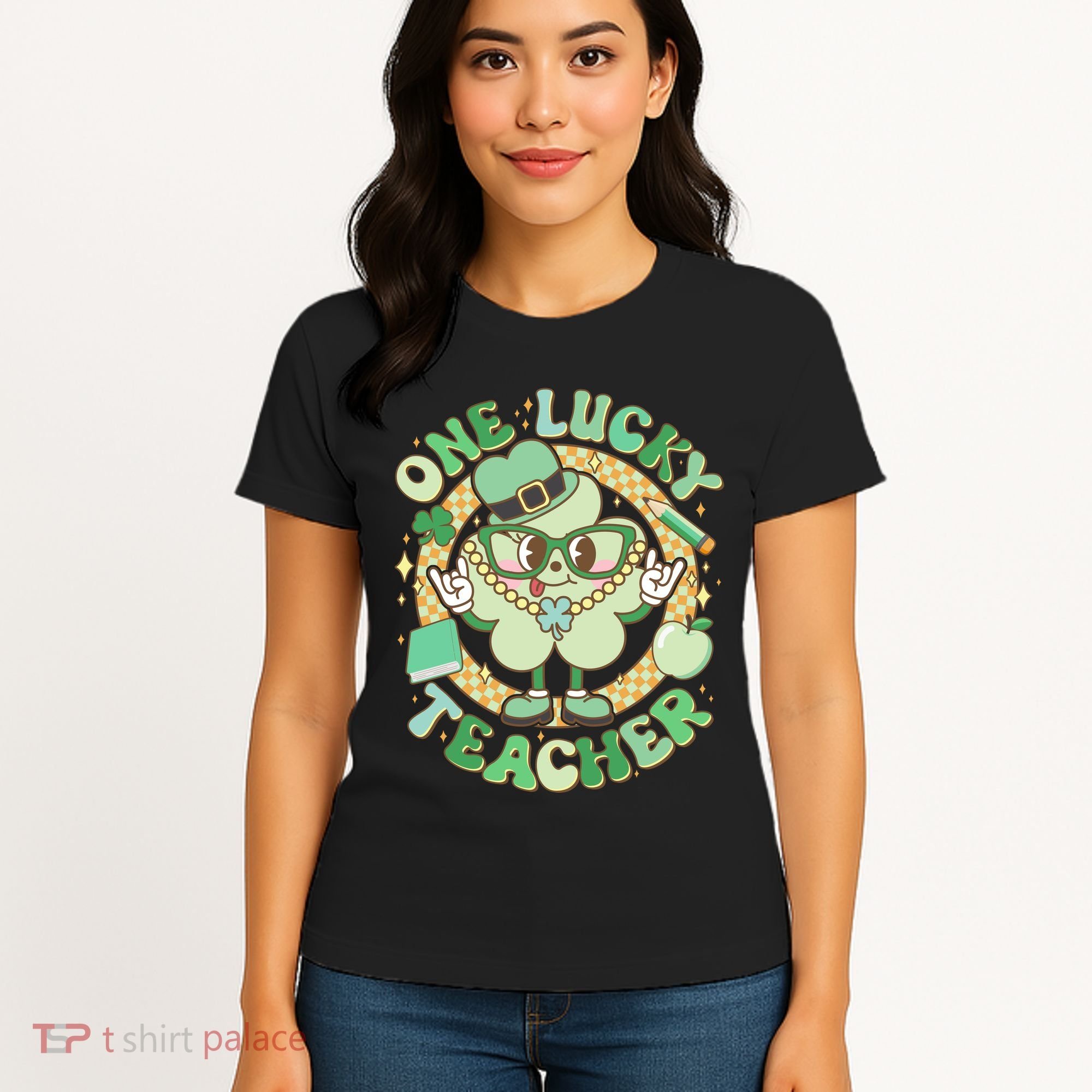 Cute St Patricks Day One Lucky Teacher Retro Cartoon Shamrock Clover Women's T-Shirt