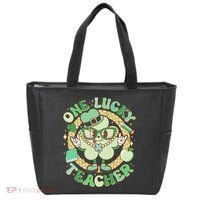 Cute St Patricks Day One Lucky Teacher Retro Cartoon Shamrock Clover Tote Bag thumb 0