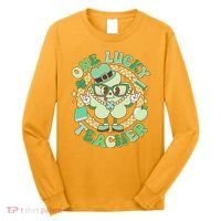 Cute St Patricks Day One Lucky Teacher Retro Cartoon Shamrock Clover Long Sleeve Shirt thumb 0
