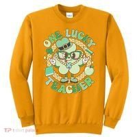 Cute St Patricks Day One Lucky Teacher Retro Cartoon Shamrock Clover Sweatshirt thumb 0