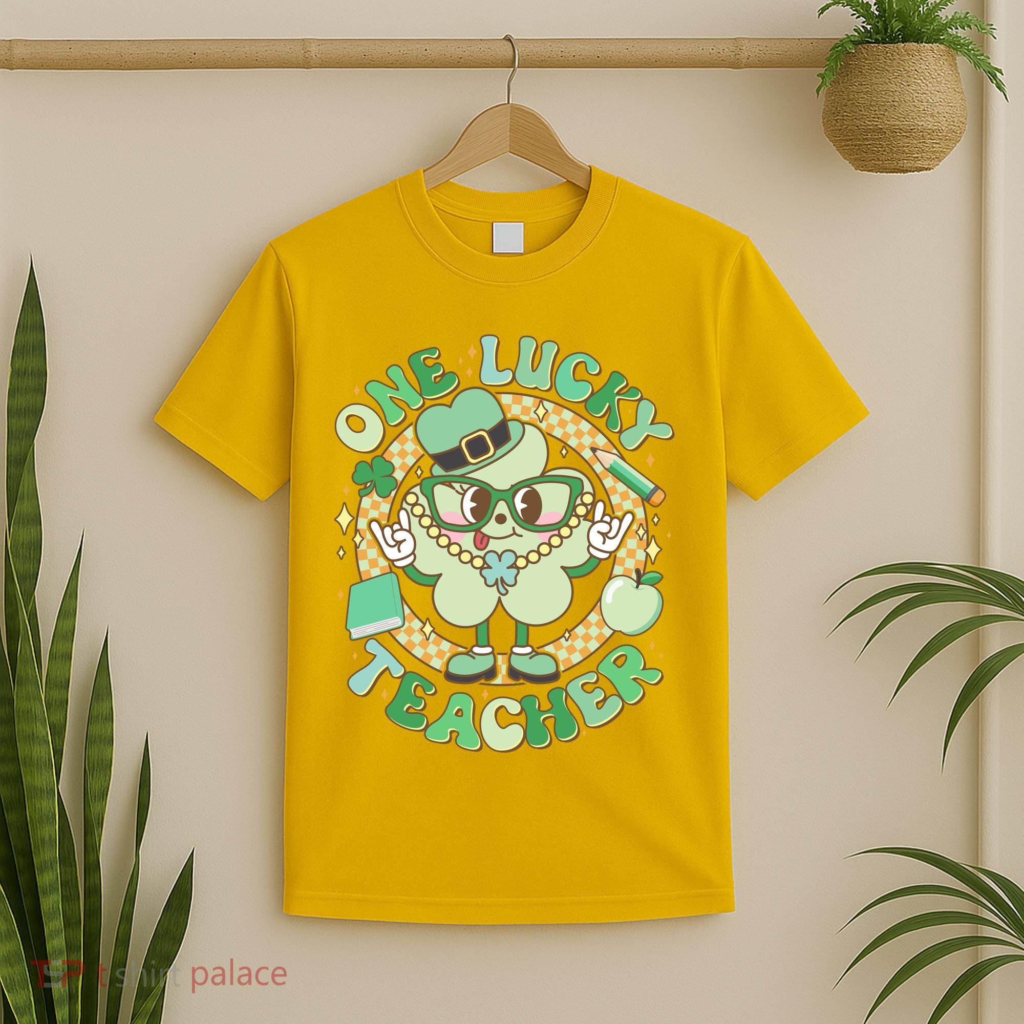 Cute St Patricks Day One Lucky Teacher Retro Cartoon Shamrock Clover T-Shirt