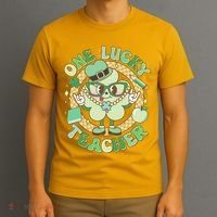 Cute St Patricks Day One Lucky Teacher Retro Cartoon Shamrock Clover T-Shirt thumb 3