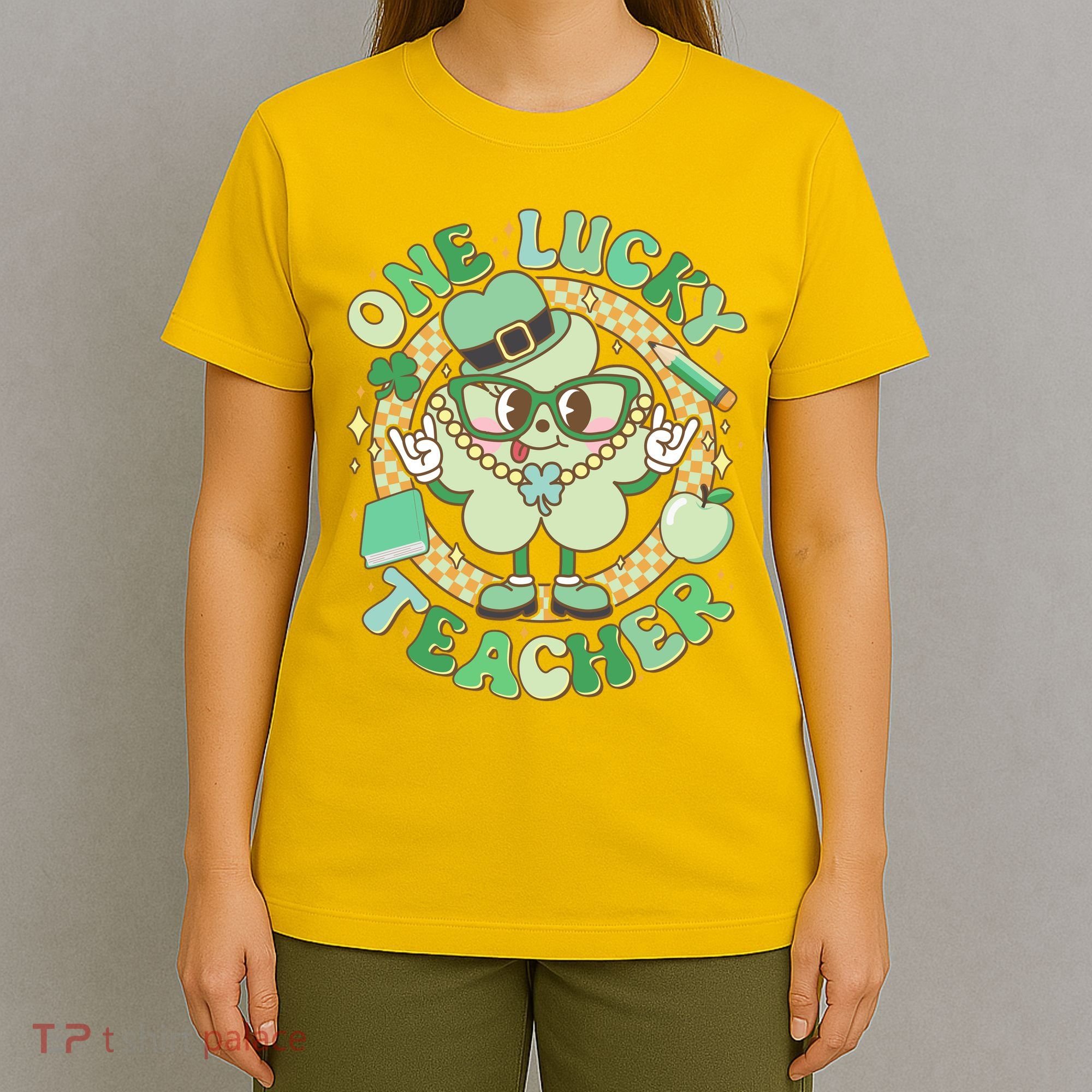 Cute St Patricks Day One Lucky Teacher Retro Cartoon Shamrock Clover T-Shirt