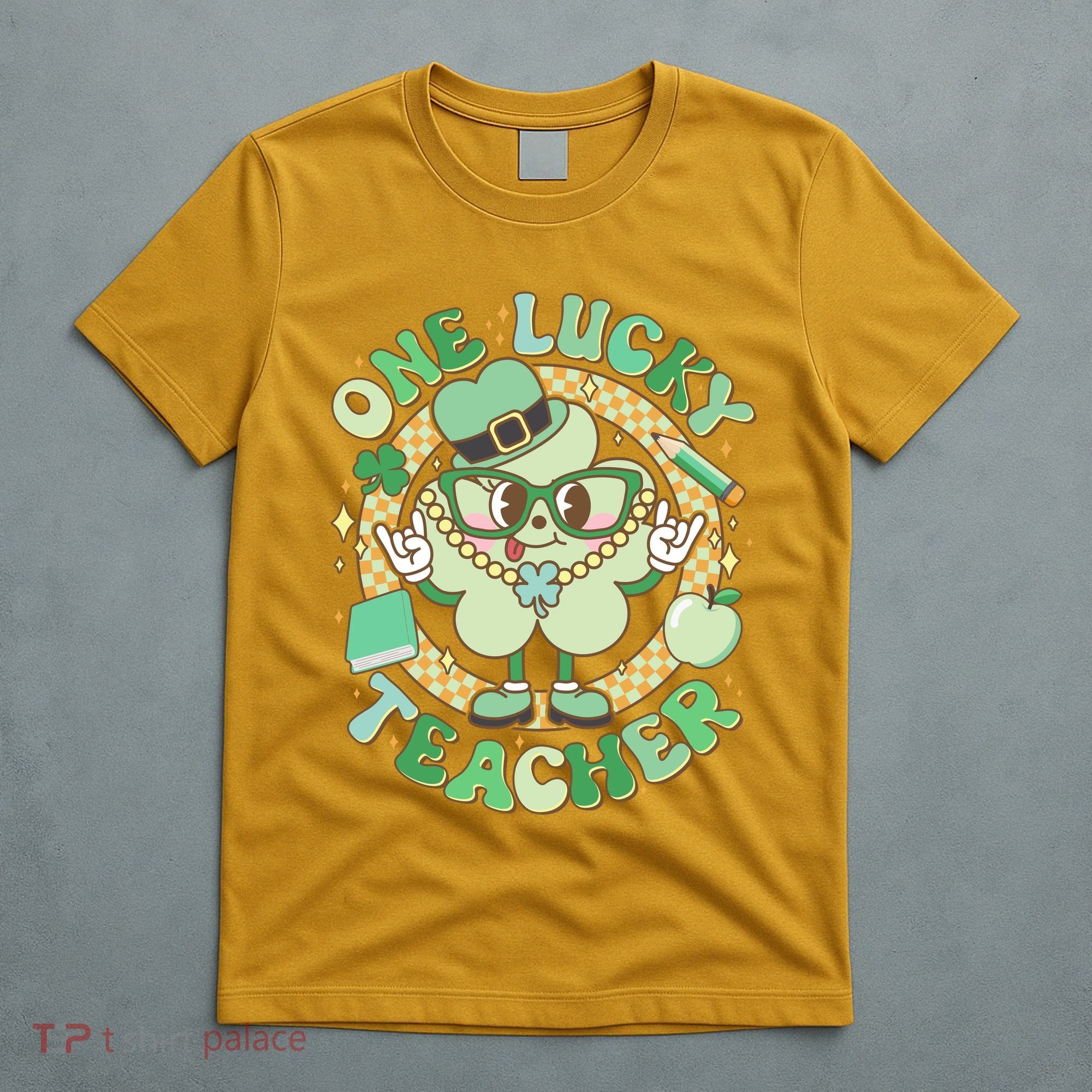 Cute St Patricks Day One Lucky Teacher Retro Cartoon Shamrock Clover T-Shirt