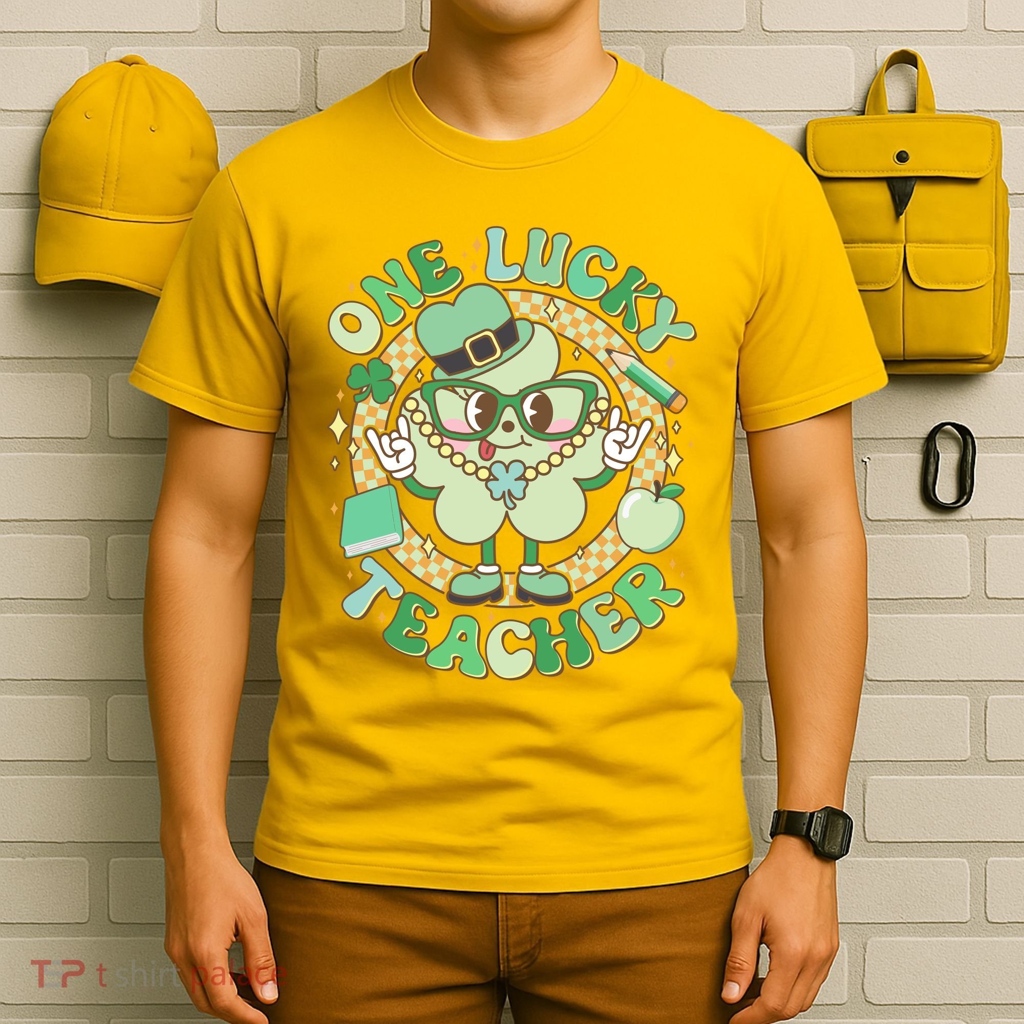 Cute St Patricks Day One Lucky Teacher Retro Cartoon Shamrock Clover T-Shirt