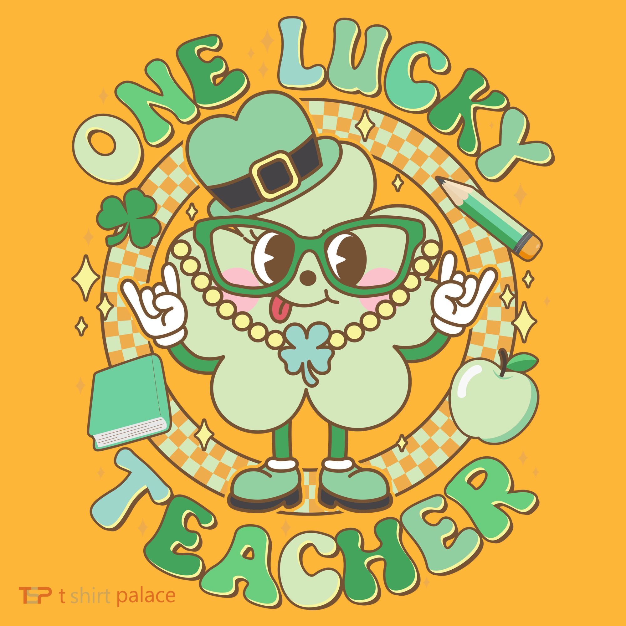 Cute St Patricks Day One Lucky Teacher Retro Cartoon Shamrock Clover T-Shirt