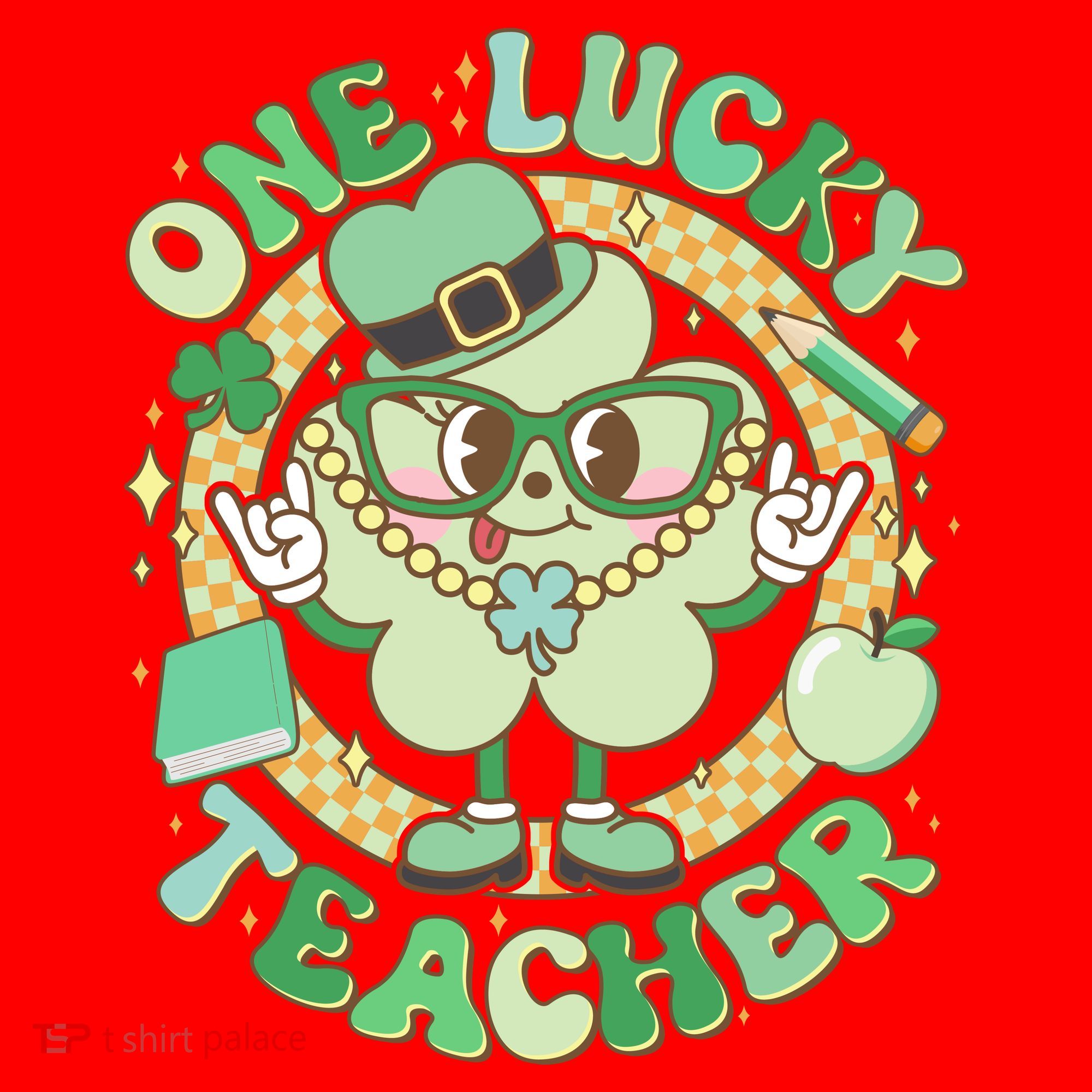 Cute St Patricks Day One Lucky Teacher Retro Cartoon Shamrock Clover Santa Hat