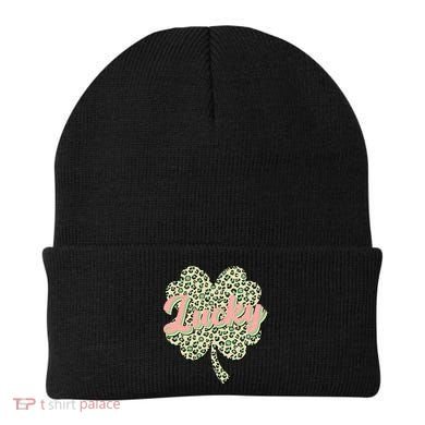 Cute St Patrick's Day Lucky Leopard Print Shamrock Clover Beanie