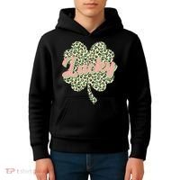 Cute St Patrick's Day Lucky Leopard Print Shamrock Clover Kids Hoodie thumb 4
