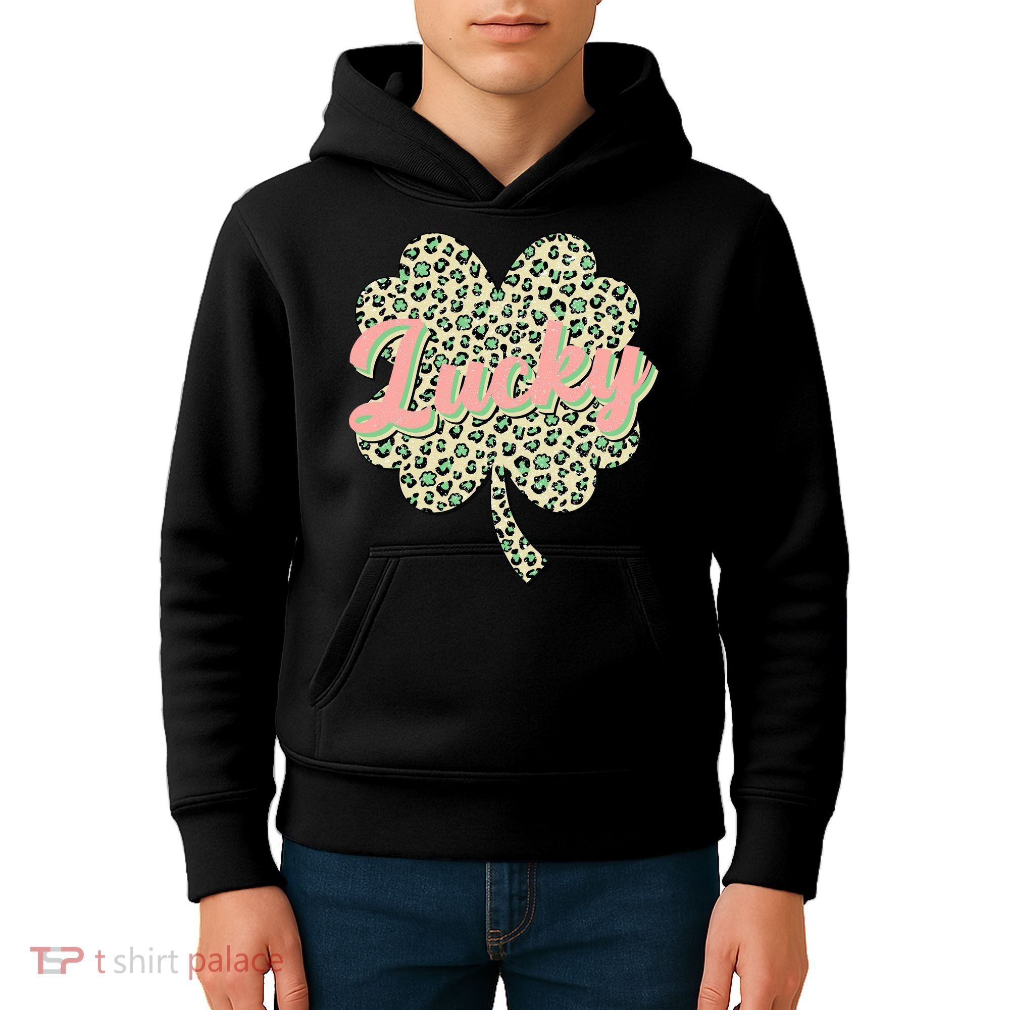 Cute St Patrick's Day Lucky Leopard Print Shamrock Clover Kids Hoodie