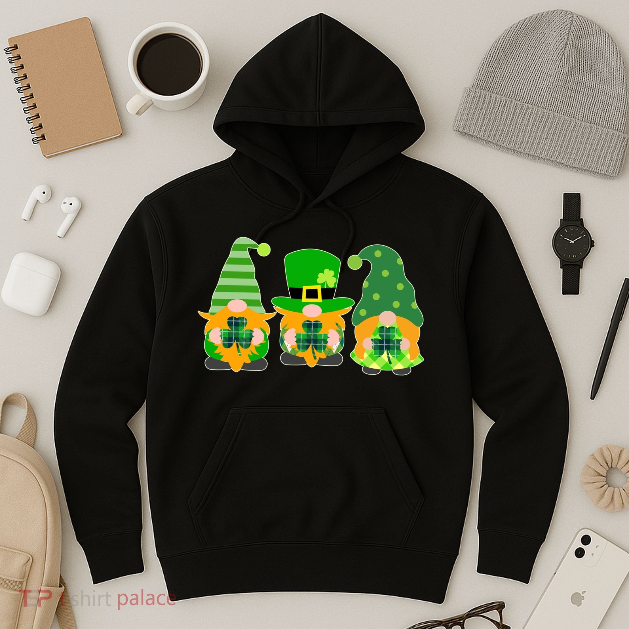 Cute St Patrick's Day Shamrock Gnomes Multi Patterns Hoodie