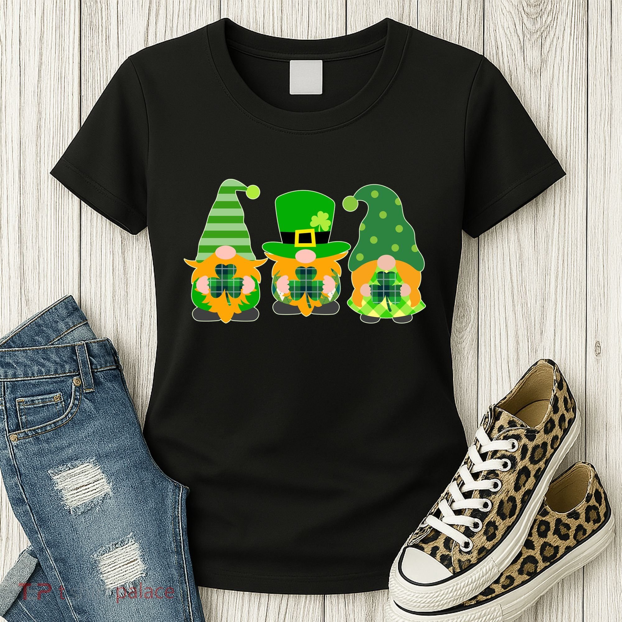 Cute St Patrick's Day Shamrock Gnomes Multi Patterns Women's T-Shirt