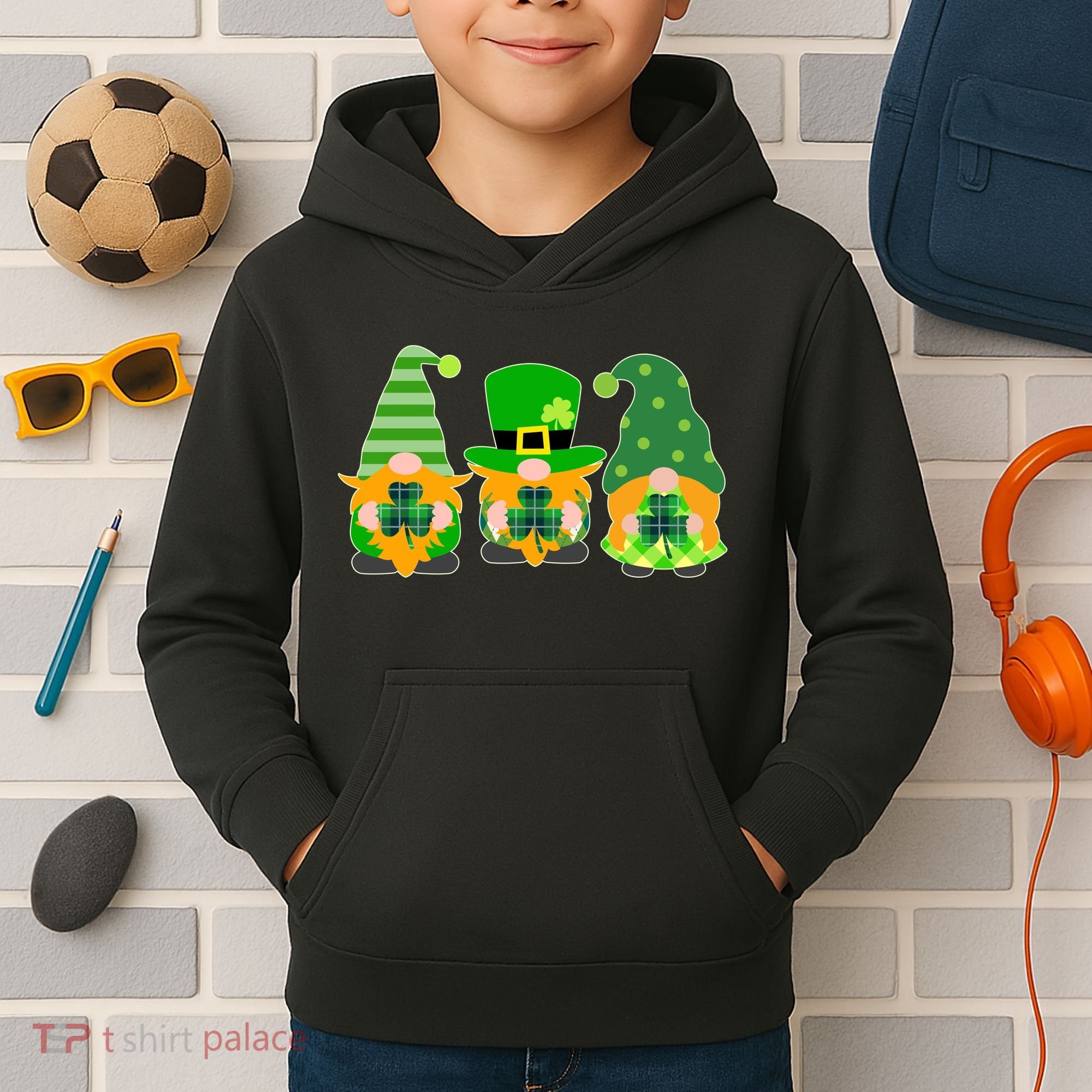 Cute St Patrick's Day Shamrock Gnomes Multi Patterns Kids Hoodie