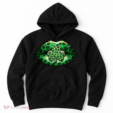 Cute St Patrick's Day Leopard Print Lip Print Shamrock Clover Hoodie
