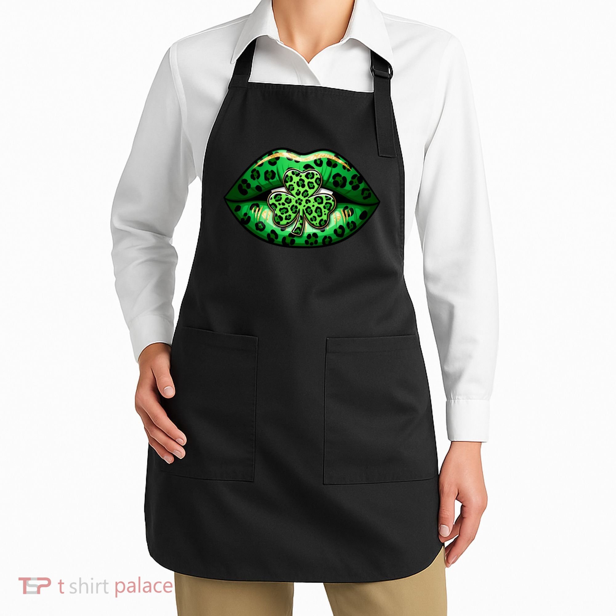 Cute St Patrick's Day Leopard Print Lip Print Shamrock Clover Apron