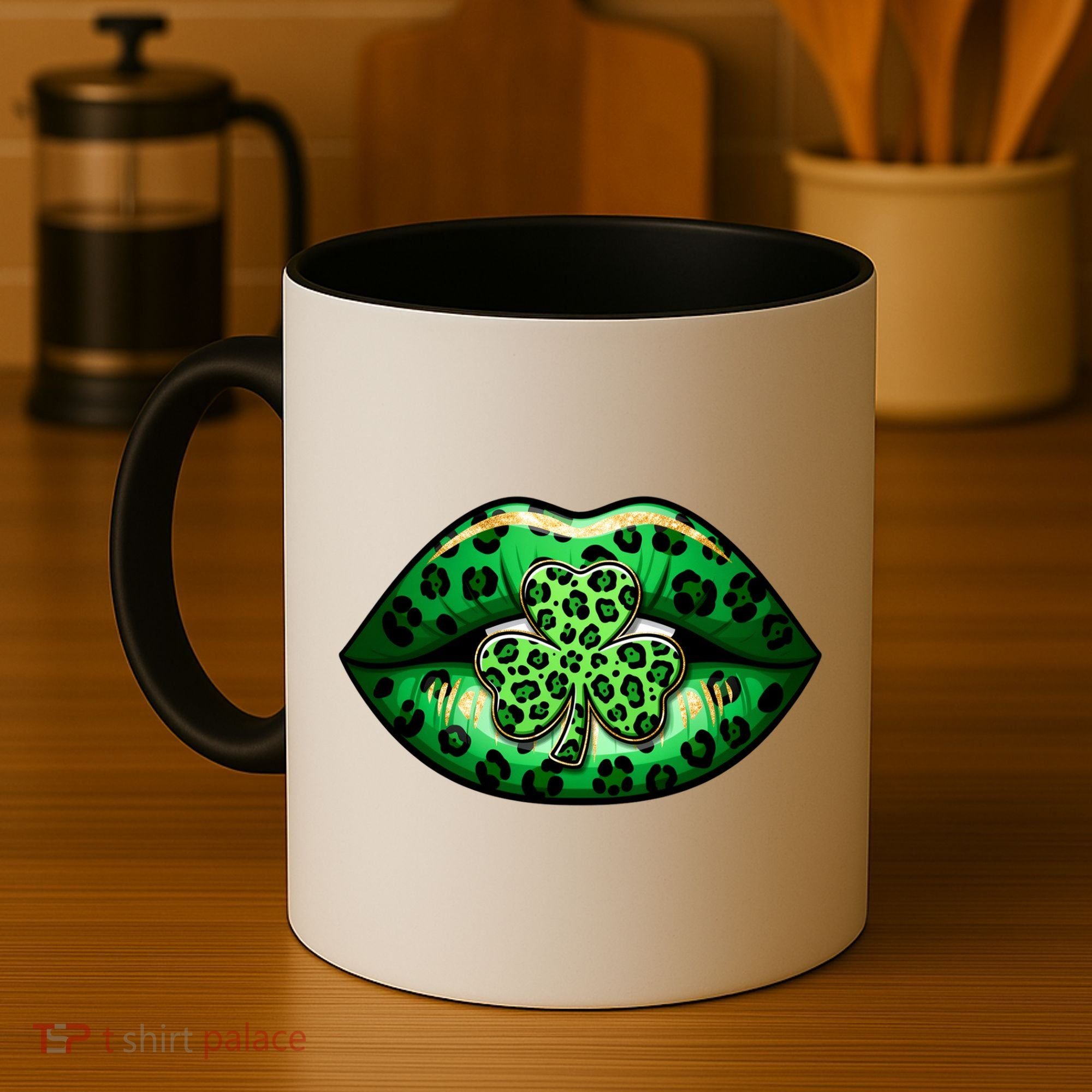 Cute St Patrick's Day Leopard Print Lip Print Shamrock Clover Coffee Mug