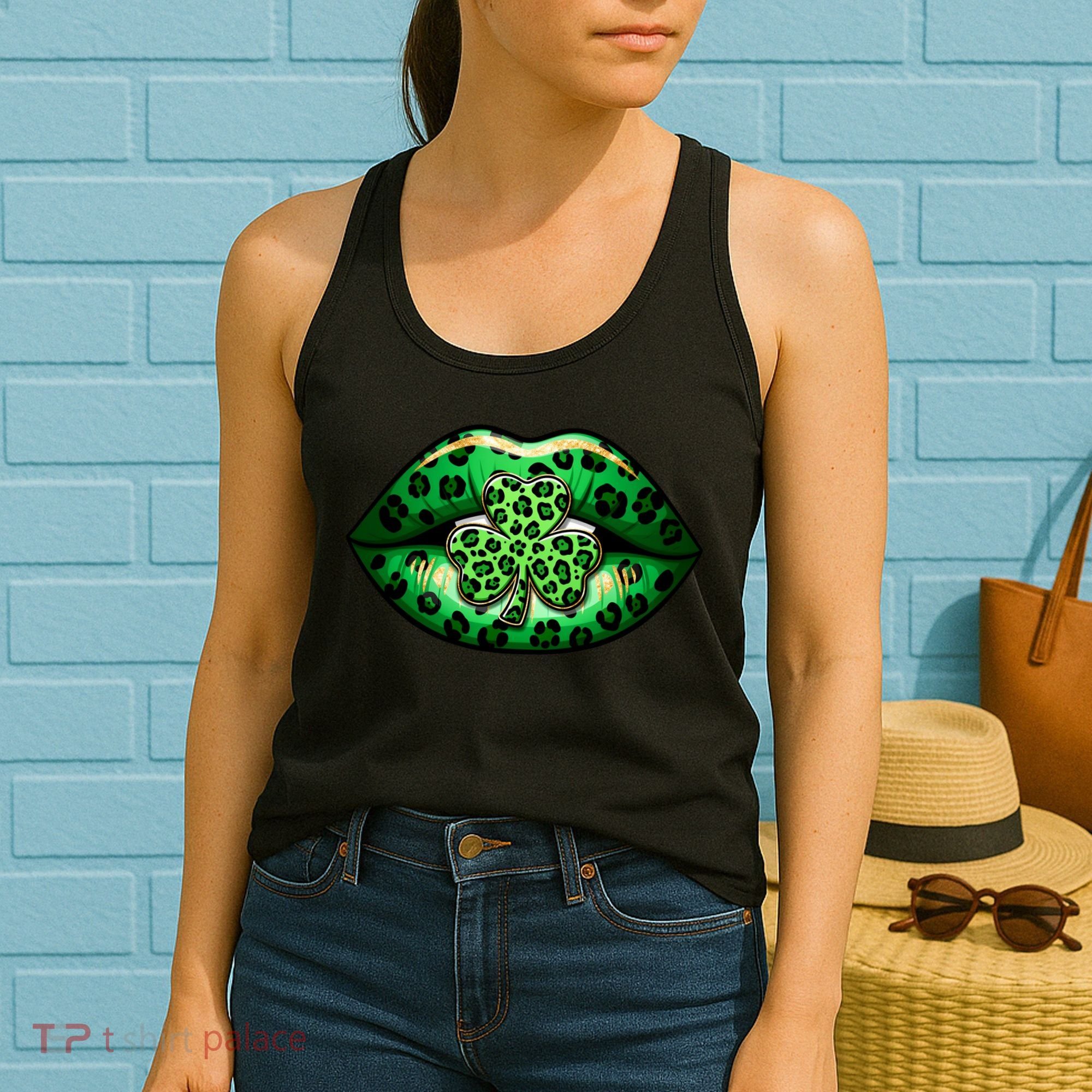 Cute St Patrick's Day Leopard Print Lip Print Shamrock Clover Women's Tank Top