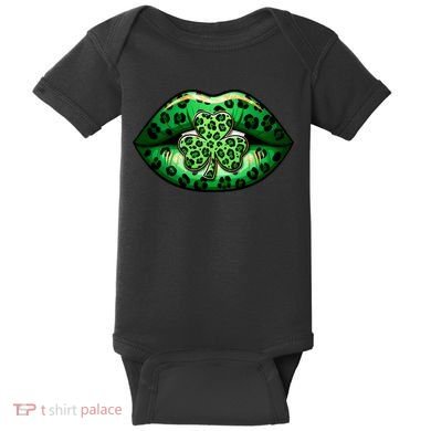 Cute St Patrick's Day Leopard Print Lip Print Shamrock Clover Baby Bodysuit