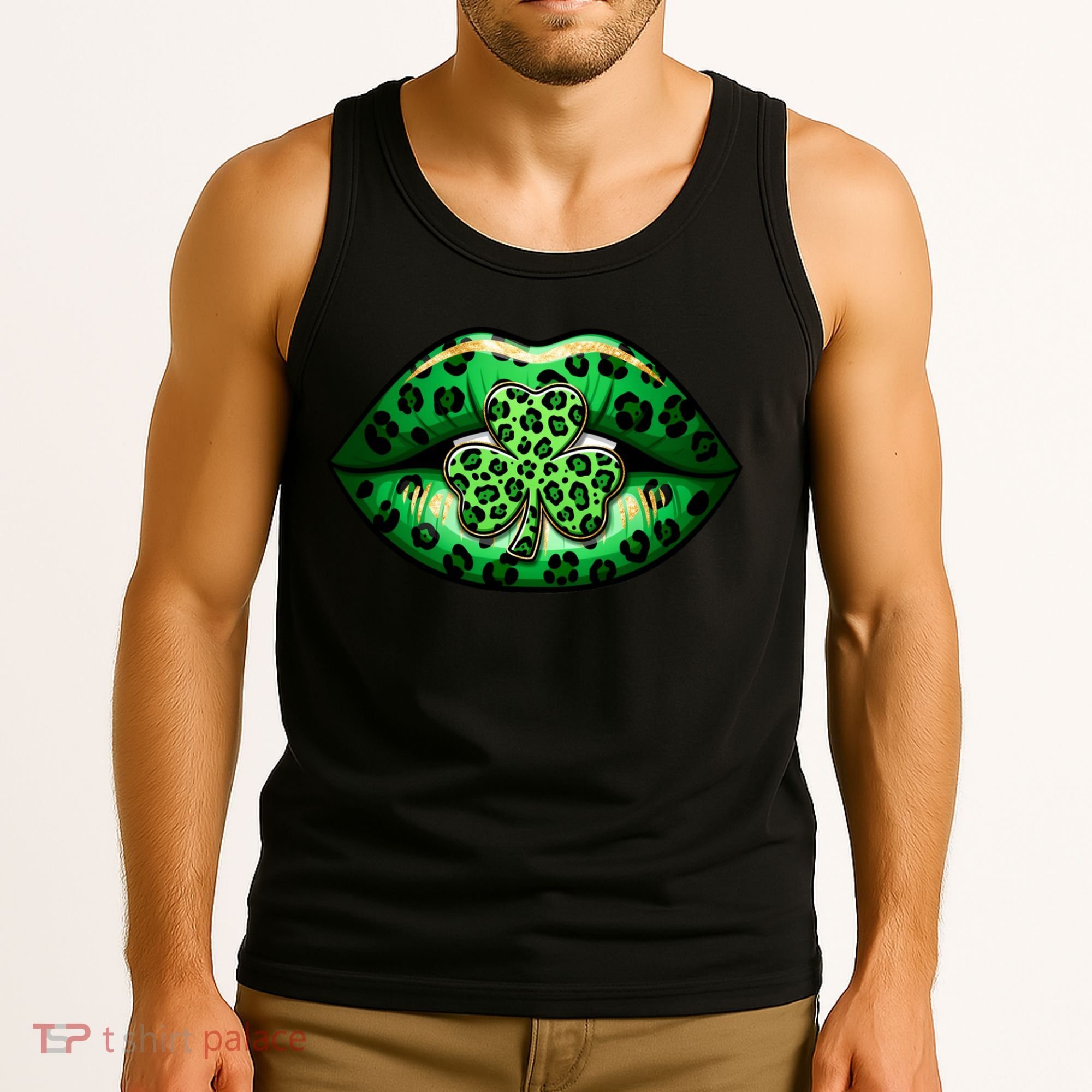 Cute St Patrick's Day Leopard Print Lip Print Shamrock Clover Tank Top