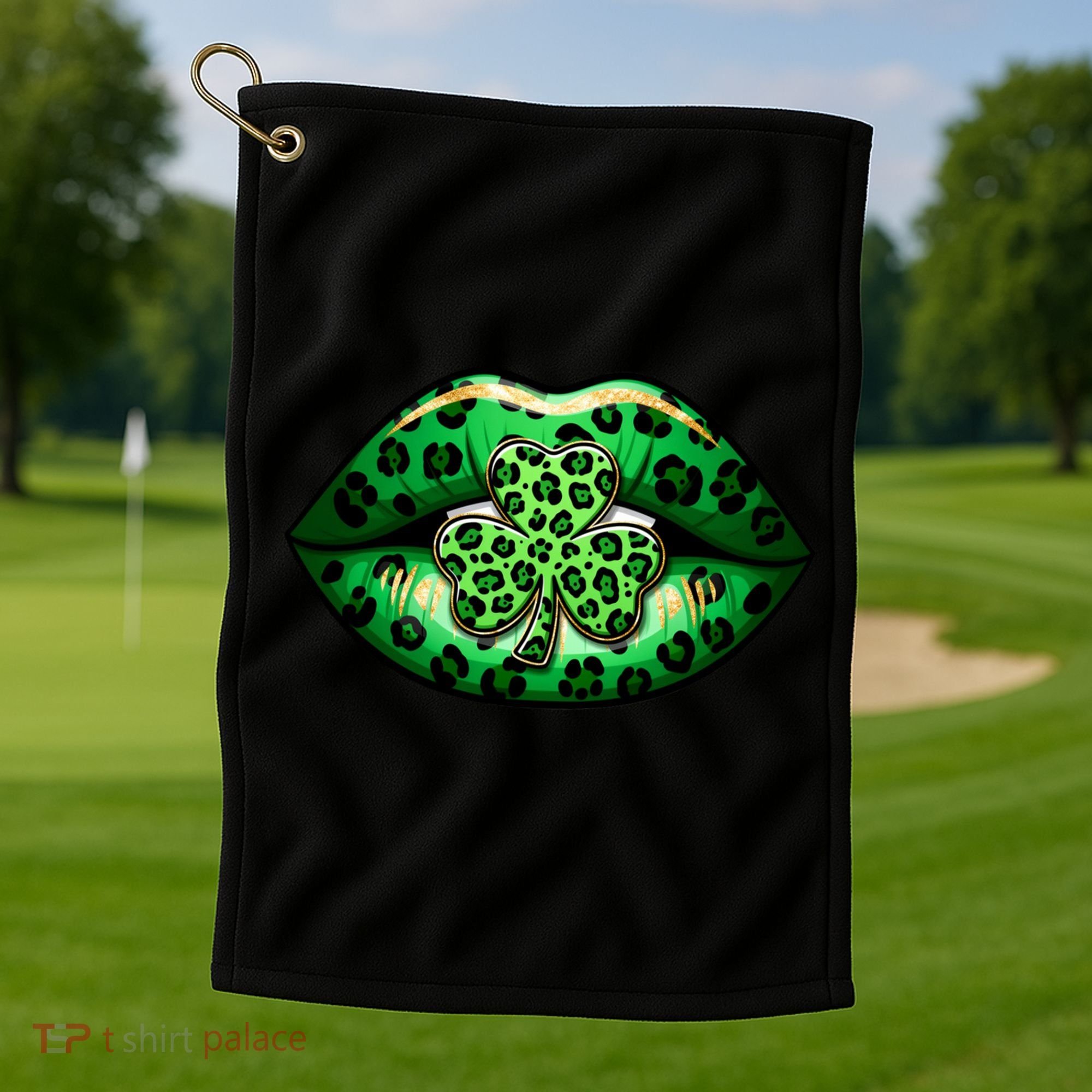Cute St Patrick's Day Leopard Print Lip Print Shamrock Clover Golf Towel
